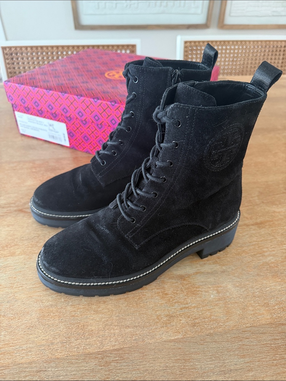 Tory Burch Miller Black Suede Lug Sole Combat Boots - Size 7.5